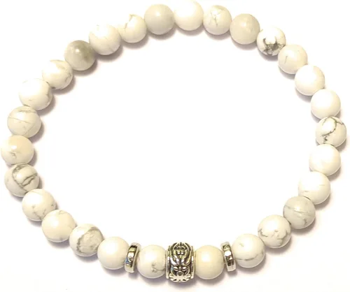 Vista 3 de White Howlite Stretch Bead Bracelet Serenity Charm Gemstone Jewelry Simple Minimalist Unisex One Size Gift