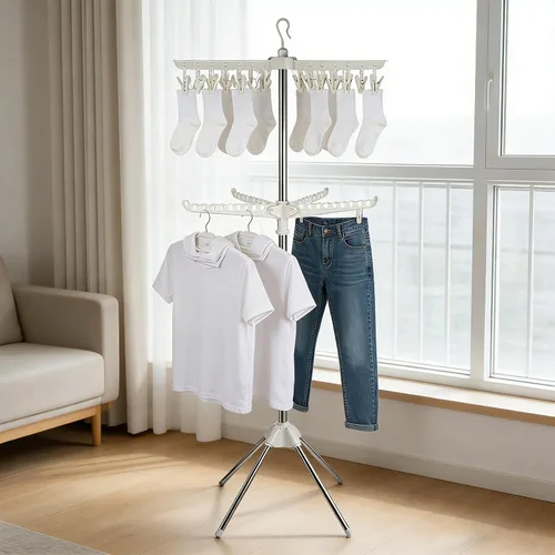 Vista 5 de Estante de secado de ropa, 68.9 pulgadas, 2 niveles, plegable, con 3 brazos giratorios para perchas y clips, de acero inoxidable, para interiores