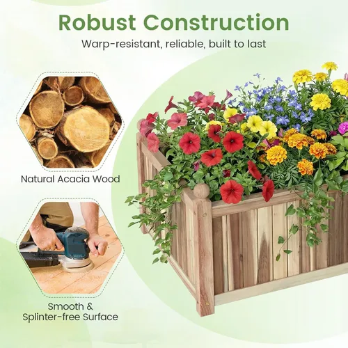 Vista 5 de HAPPYGRILL Cama de jardín elevada de madera, maceta rectangular de madera de acacia natural con forro y drenaje para hierbas de flores vegetales
