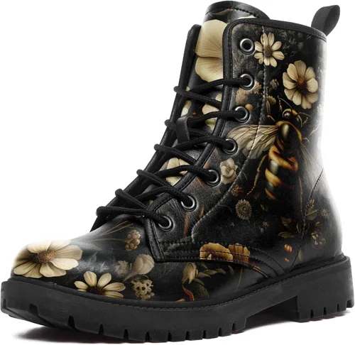 Vista 8 de Botas de Combate Florales de Setas para Mujer - Botas Góticas de Bosque Witchcore Tacón Grueso Cuero Vegano Moda con Cordones Botines Negros