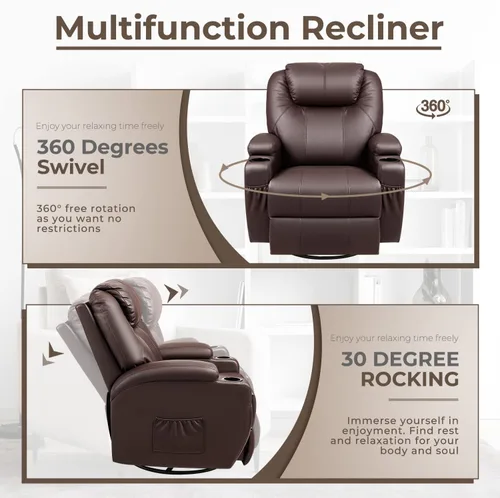 Vista 6 de Furniwell Rocker - Silla reclinable con masaje para ancianos, sofá mecedora ajustable de cuero giratorio de 360° para sala de estar con control
