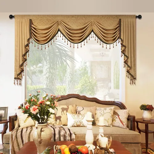 Vista 20 de ELKCA Cenefa de Cascada Jacquard con Cuentas de Lujo Beige Cenefas de Cortinas de Ventana para Sala de Estar, Bolsillo para Varilla, 1 Panel