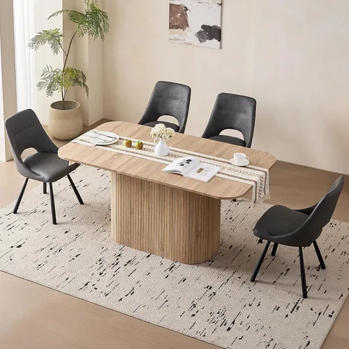 Vista 16 de Juego de 4 mesas de comedor grandes de 63 pulgadas para 4, esquinas redondeadas, mesa de cocina rectangular moderna de madera con sillas Boucle
