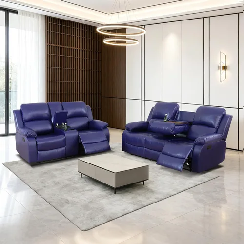 Vista 25 de Sofá reclinable manual de cuero para muebles de sala de estar, sofá reclinable de 78 pulgadas con mesa abatible, portavasos y sofá de cuero
