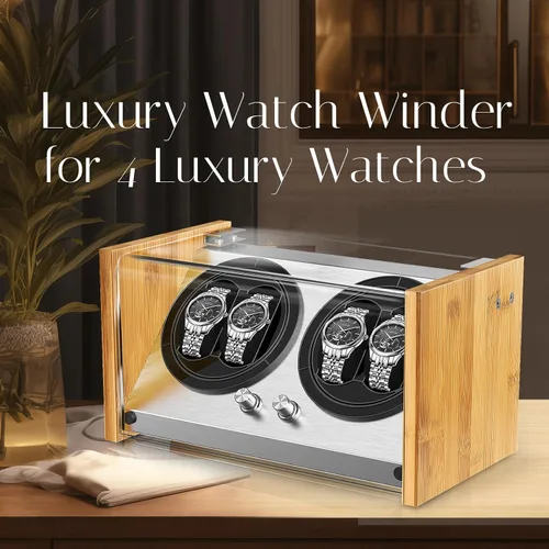 Vista 2 de Bobinadora de reloj para 4 relojes automáticos - Caja de bobinadora de relojes de bambú con motor silencioso, 4 modos de rotación Watch Winder Smith