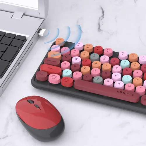Vista 3 de UBOTIE Teclado inalámbrico colorido para computadora y mouse óptico, teclas flexibles, teclado de tamaño completo de oficina, conexión sin