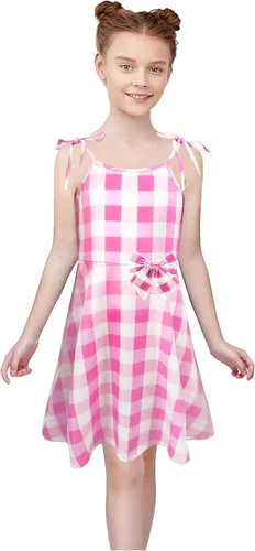 Vista 2 de HAOKIDS Girls Pink Costume Dresses Youth Margot Robbie Movie Cosplay Outfit Kids Princess Bowknot Halloween Party Gift