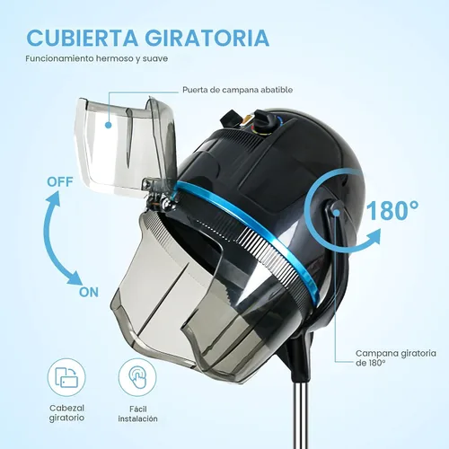 Vista 5 de Secador de pelo profesional de 1300W ajustable con capucha, de pie, base giratoria, con ruedas, para salón. Negro