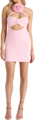 Vista 2 de NUFIWI Vestido corto sexy con cuello halter para mujer, sin mangas, irregular, con volantes, entallado, sin espalda, fruncido, vestido de fiesta