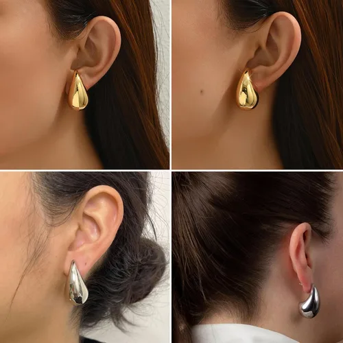 Vista 2 de SLOONG Waterdrop - Aretes colgantes de oro grueso con forma de lágrima, ligeros, chapados en oro de 18 quilates, aretes de plata de ley 925, joyería