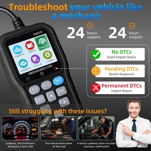 Vista 3 de Escáner FX319 OBD2 lector de código OBD2, herramienta de diagnóstico de coche con probador de batería de 12 V, apaga la luz del motor