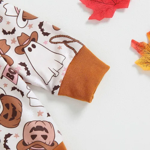 Vista 6 de Conjunto de sudadera de calabaza para niñas pequeñas de Halloween y pantalones cálidos, ropa de otoño e invierno