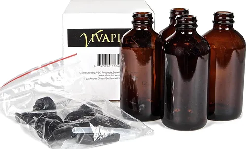 Vista 3 de Vivaplex, 4 botellas grandes de vidrio vacías de 8 oz, ámbar, con el gatillo en negro