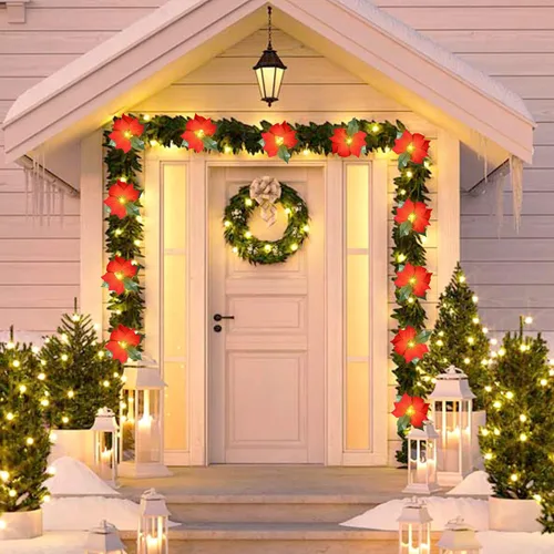 Vista 2 de FUCHSUN - Guirnalda de flores de Pascua de Navidad de 14 pies, 20 luces LED artificiales rojas con luces LED para árbol de Navidad, chimenea