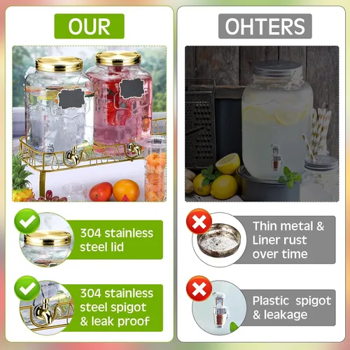 Vista 4 de Lallisa 3 dispensadores de bebidas de 2.5 galones para fiestas, dispensador de agua de bebidas de vidrio con soporte, de acero inoxidable, a prueba