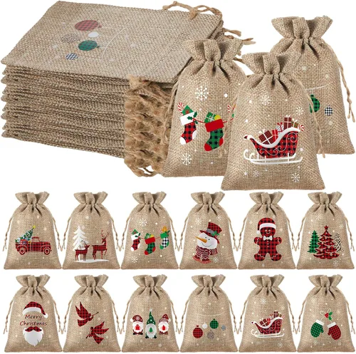 Vista 10 de Boao 24 piezas Bolsas de Navidad Bolsas de regalo con cordón de Navidad a cuadros de búfalo envoltura de regalo de algodón bolsa de dulces