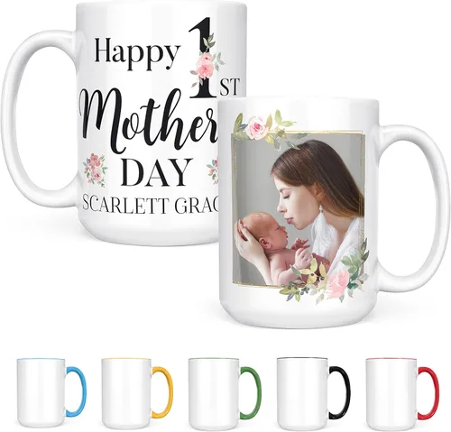 Vista 12 de Regalos para el primer día de la madre, taza de café personalizada con foto y nombre, 11 o 15 onzas, 10 opciones de color, taza personalizada