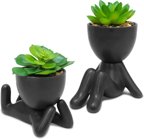Vista 12 de Zerzsy 3 plantas suculentas artificiales con macetas creativas de cerámica en forma de humano, mini plantas en maceta, plantas falsas de baño Negro