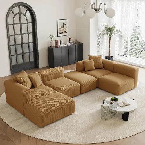 Vista 10 de Acanva - Sofá modular convertible con otomana, en forma de U, color negro Sofá de pana, marco de madera, combinación libre, sofá cama, para sala