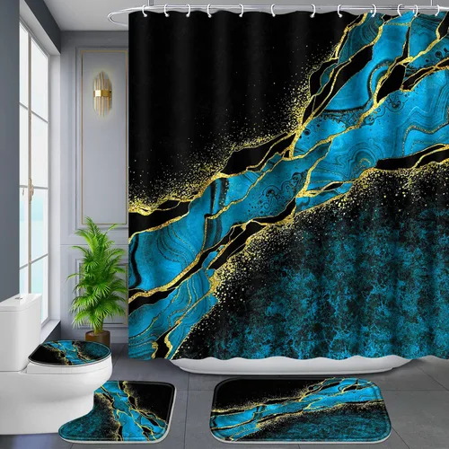 Vista 22 de Poedist Juego de 4 cortinas de ducha de baño, juegos de baño con alfombras (tapete de baño, forma de U y tapa de inodoro) y 12 ganchos, mármol