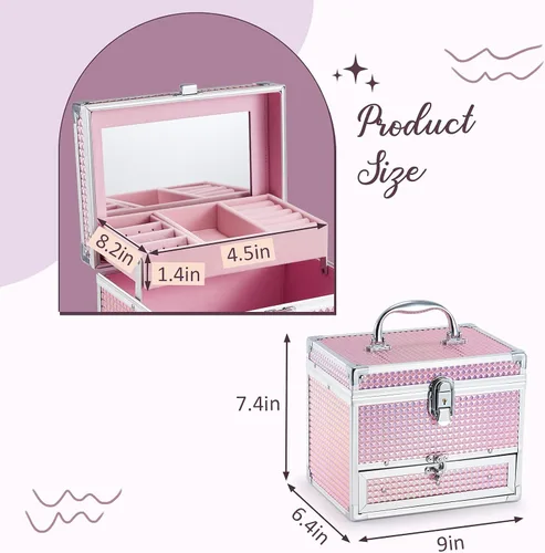 Vista 6 de Hododou Caja de maquillaje de joyería para mujer con espejo y bandeja con cerradura para cosméticos estuche de almacenamiento portátil