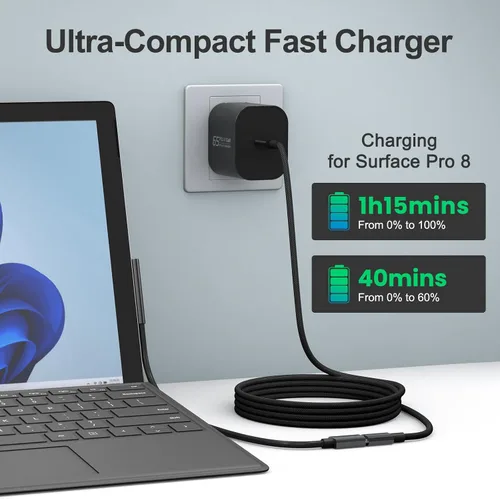 Vista 6 de Cargador USB C Surface Pro de 65 W compatible con Surface Pro 3/4/5/6/7/8/9/10/X/11/12, Surface Book1/2/3, adaptador de corriente compatible