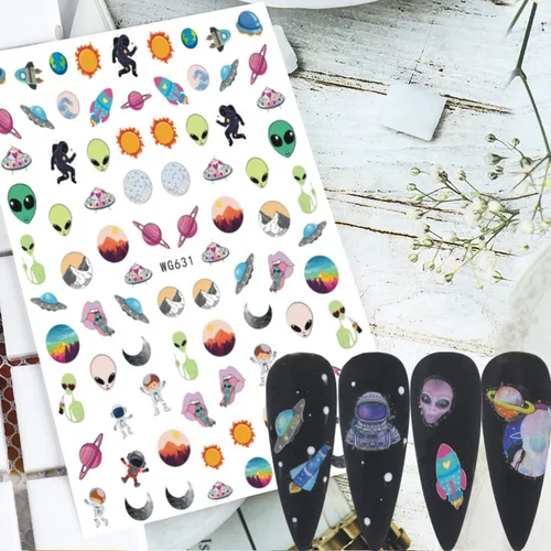 Vista 2 de Calcomanías de arte de uñas alienígenas, astronauta, tierra, luna, estrella, ovni ojos de cohete, diseños de calcomanías autoadhesivas para uñas