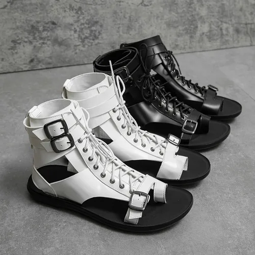 Vista 6 de UGOSELEC Sandalias de gladiador de cuero para hombre, sandalias romanas, informales, antideslizantes, transpirables, con cordones, versátiles