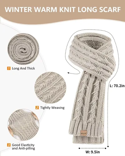 Vista 4 de Conjunto de gorro y bufanda para mujer, gorro de invierno con forro polar con pompones, bufanda de punto larga, guantes para pantalla táctil