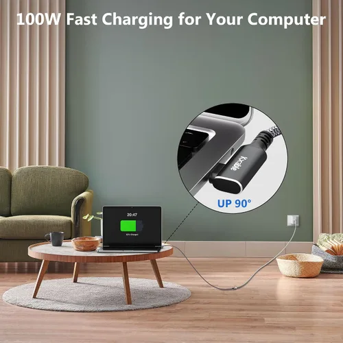 Vista 6 de Cable de extensión USB C de 2 pies, ángulo recto tipo C 3.2 Gen 2 macho a hembra, carga de 100 W, transferencia de 10 Gbps, video 4K, alta velocidad