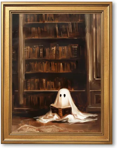 Vista 42 de Arte de pared vintage de Halloween embrujado de granja, parche de calabaza rústica con bonitos fantasmas, póster impreso en lienzo espeluznante