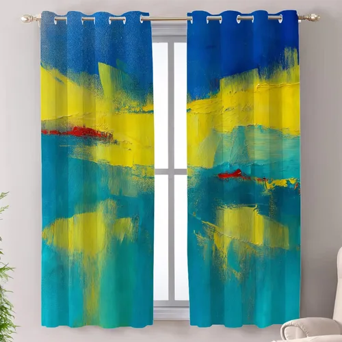 Vista 53 de Shrahala Beige and Orange Abstract Art Brushstrokes Blackout Curtain Tiers, Abstract Oil Paint Kitchen Valance Light Blocking Tier Drapes with Rod