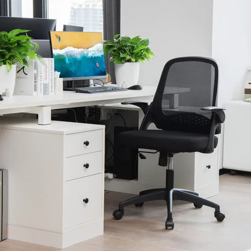 Vista 2 de Giantex Silla ergonómica de malla con respaldo medio para computadora, soporte lumbar, reposabrazos abatibles, silla giratoria de altura ajustable