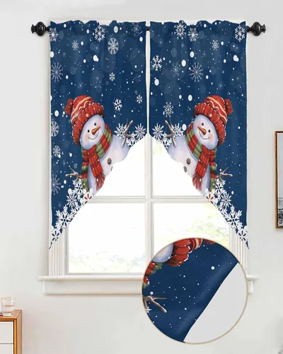 Vista 2 de BEMIGO Cortinas de cocina de Navidad, lindas cortinas de granja con muñeco de nieve azul, cenefa con bolsillo para barra de copos de nieve