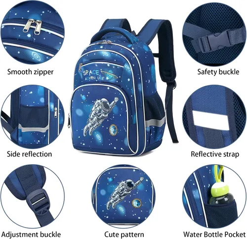 Vista 3 de Mochila para niños, mochila de 16 pulgadas para niños de preescolar primaria de jardín de infantes, bolsillos laterales con correa en el pecho, Azul