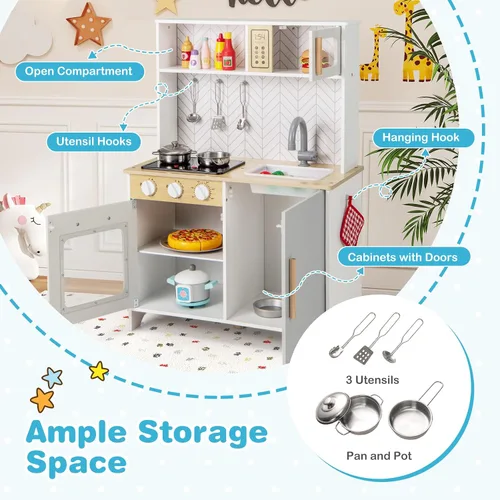 Vista 4 de Costzon Juego de cocina para niños, cocina de madera con luces y sonidos, estufas, fregadero, grifo, microondas, horno y accesorios de cocina, juego