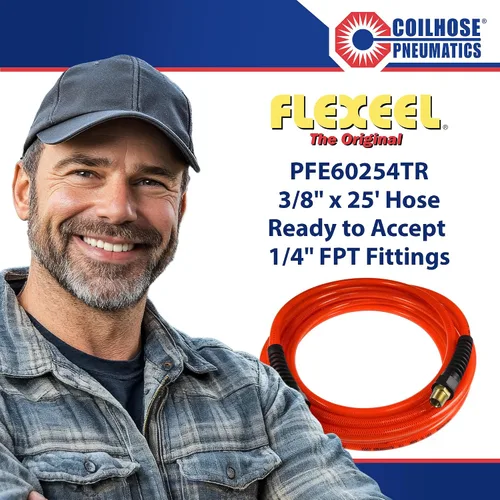 Vista 4 de Coilhose Pneumatics PFE60254TR Flexeel Manguera de aire de poliuretano reforzado, 3/8" diámetro interior, 25' de longitud con (2) accesorios de Rojo