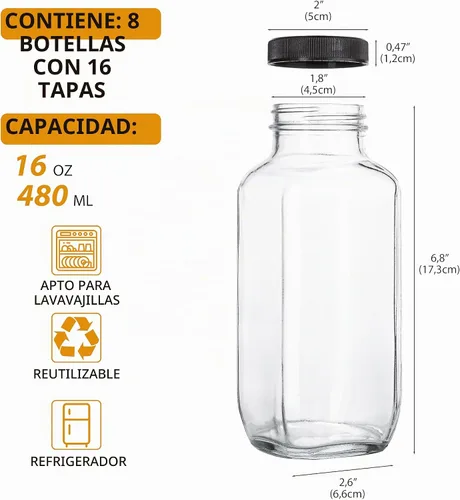 Vista 2 de umud Botellas de Jugo con Tapas, 16 Oz - Juego de 8 - Frascos de Vidrio Transparente con Tapas - Recipientes Vacíos Reutilizables para Bebidas