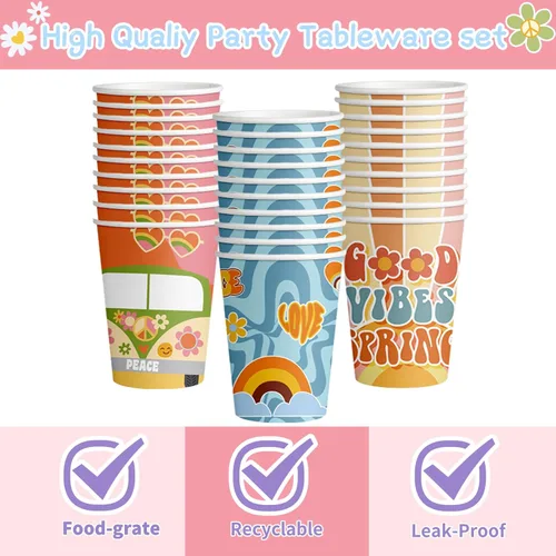 Vista 3 de Juego de vajilla de 120 piezas para fiesta de estilo bohemio hippie con margaritas que incluye platos, servilletas y tazas para decoración de fiesta