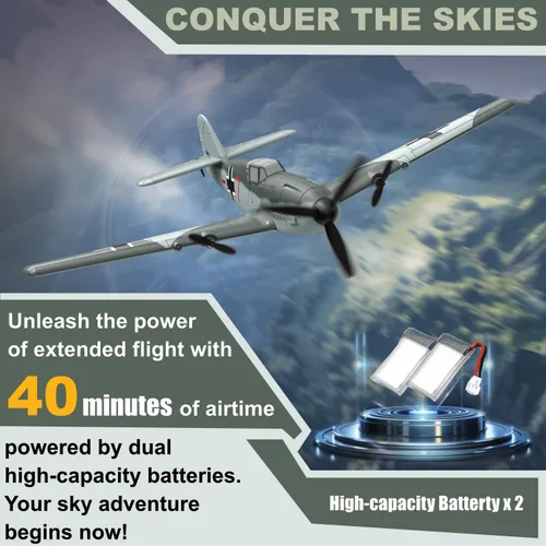 Vista 4 de Avión RC ANBURI, Avión de control remoto BF - 109 de 3 canales, 2.4GHz y estabilizador de giro de 6 ejes, 2 baterías incluidas, ideal para adultos