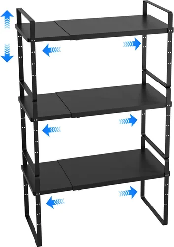 Vista 9 de Organizador de estante expandible para gabinete, almacenamiento apilable para mostrador de despensa de cocina, soporte ajustable para armario, Negro