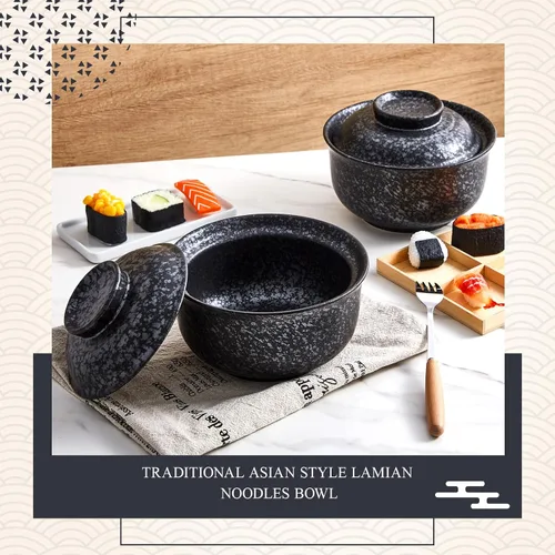 Vista 6 de SiliFine Juego de 2 cuencos de cerámica para ramen con tapa, olla de arcilla para microondas de 25 onzas, vajilla tradicional japonesa, olla