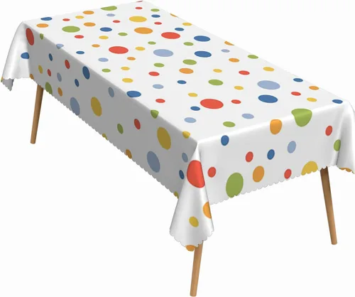 Vista 9 de Mantel rectangular de fiesta de 52 x 70 pulgadas, colorido con diseño de estrellas, lunares amarillos, lavable, duradero, para fiestas