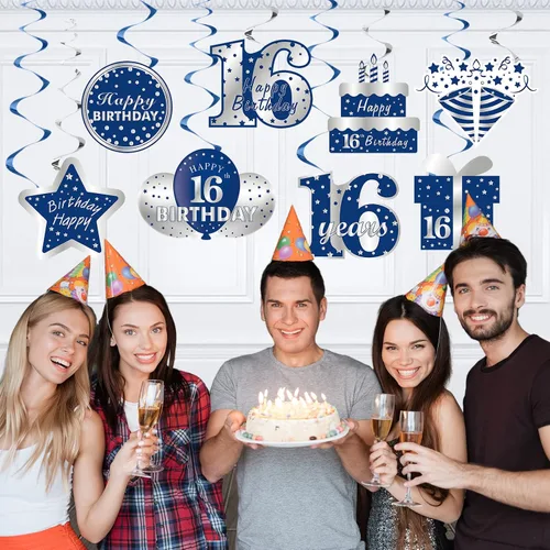 Vista 5 de Decoraciones colgantes de 16 cumpleaños azul y plateado para niños, 16 piezas de feliz cumpleaños de 16 años, suministros de fiesta de remolinos