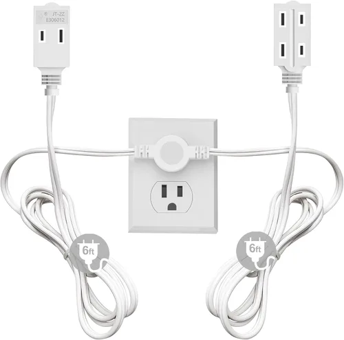 Vista 8 de Regleta de alimentación de cable de extensión doble, cable de 12 pies, 6 pies en cada lado, enchufe de salida de cabeza plana (abrazadera de pared)