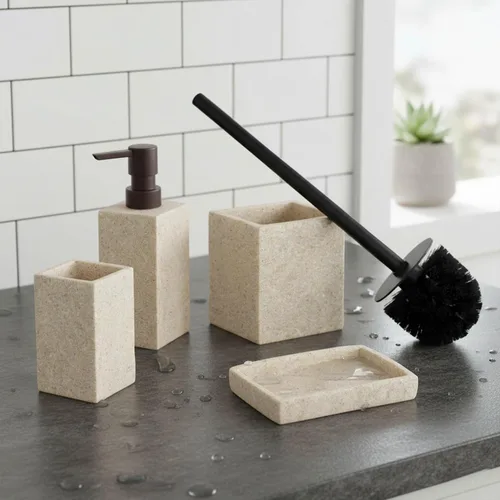 Vista 8 de Colección Stone Effect - Juego de accesorios de baño, color blanco, 4 piezas