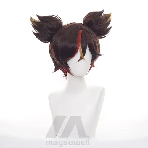 Vista 3 de Genshin Impact - Peluca de anime para Xinyan de cabello castaño corto con gorra de peluca gratis para cómics, espectáculo de cosplay, Halloween