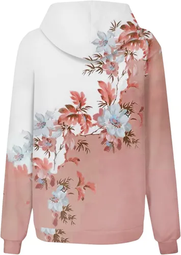 Vista 2 de Sudaderas con capucha para mujer, con estampado floral, de gran tamaño, manga larga, cordón para bolsillo