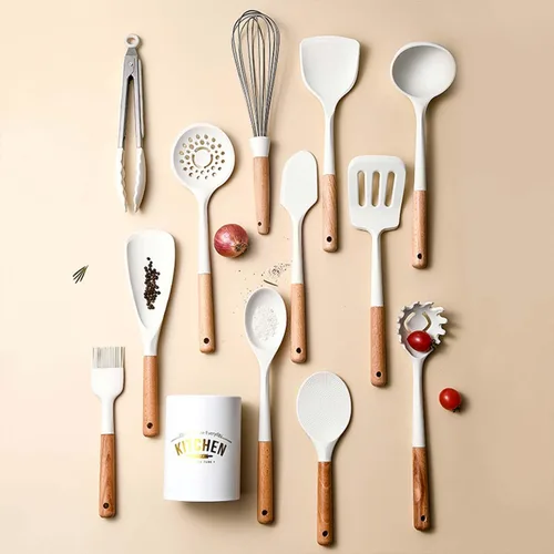 Vista 5 de Juego de utensilios de cocina de silicona, 446 °F resistente al calor, mango de madera de 13 piezas para juego de cocina antiadherente (sin BPA)