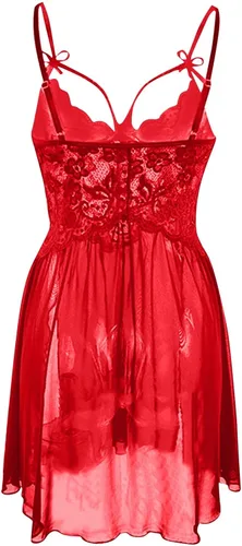 Vista 6 de Conjunto de lencería sexy de encaje para mujer, conjunto de ropa interior hueca, color sólido, cuello en V profundo, traje dividido